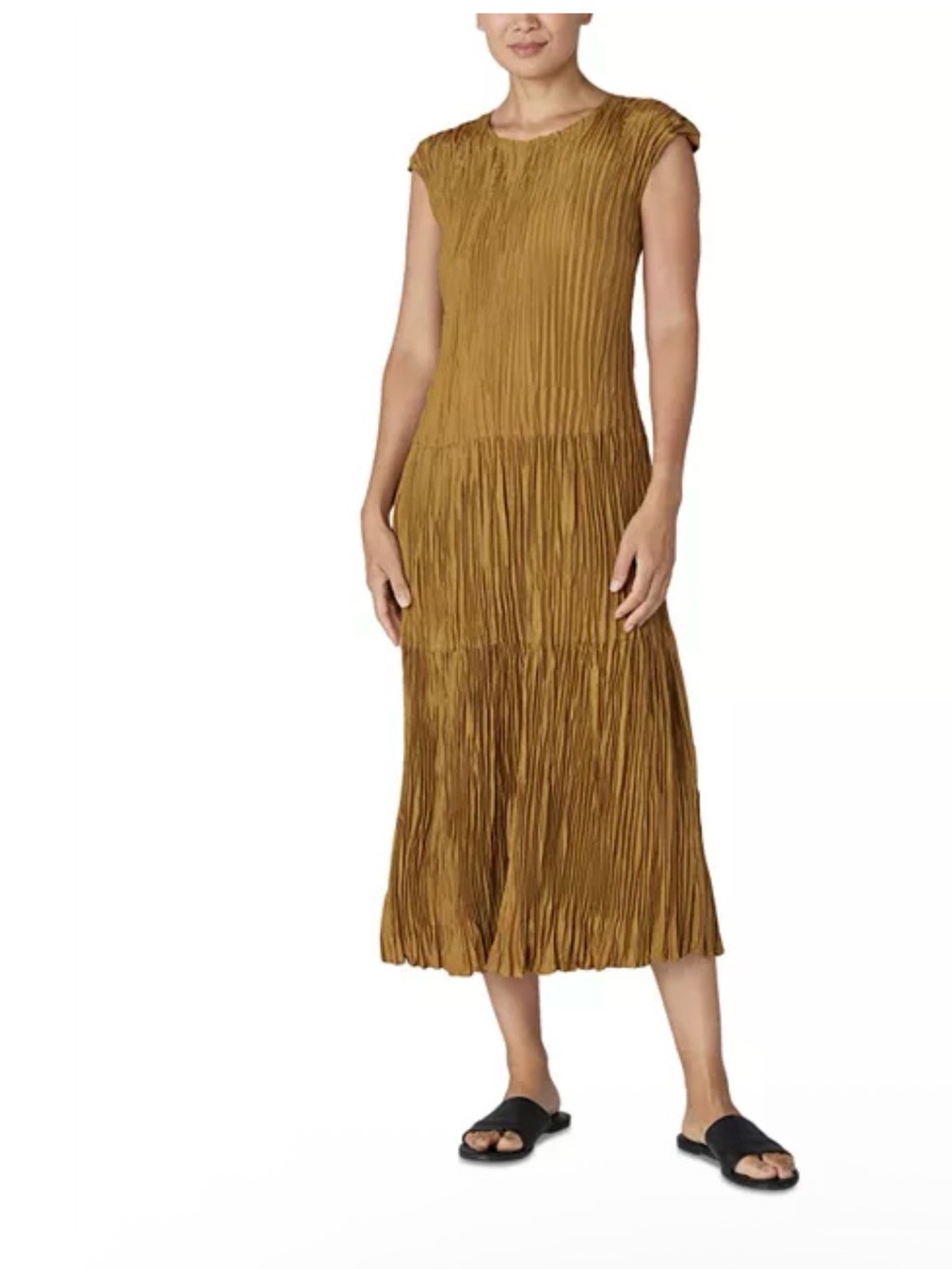 Eileen Fisher Crushed Silk Tiered Midi Dress in bronze, featuring a hand-twisted
